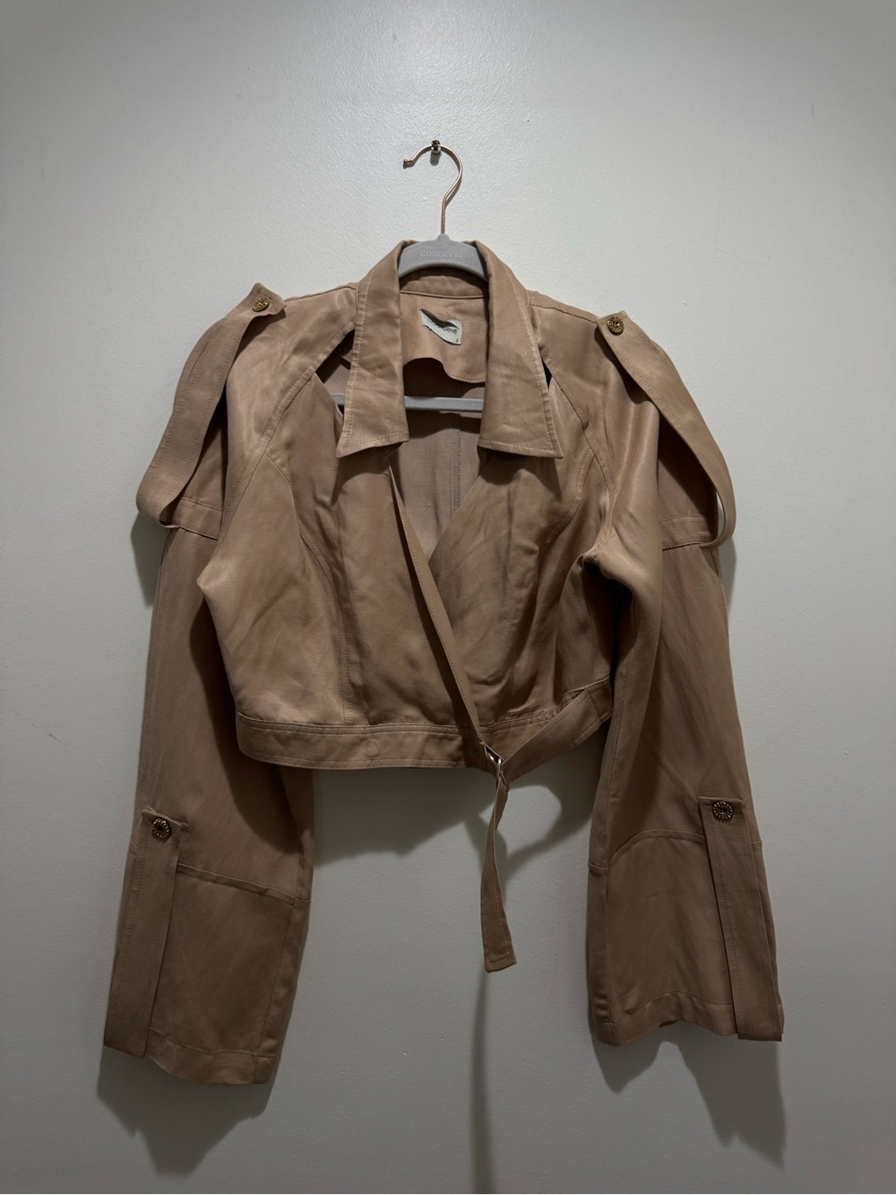 NOCTURNE Beige Cropped Wrap Jacket Linen Blend Open Shoulder Belted Size 2 - Picture 2 of 15